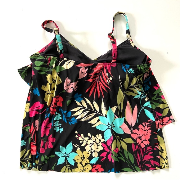 Aqua Green Black Floral V-Neck Angled Tiered Tankini Bathing Suit Swim Top - Picture 5 of 11